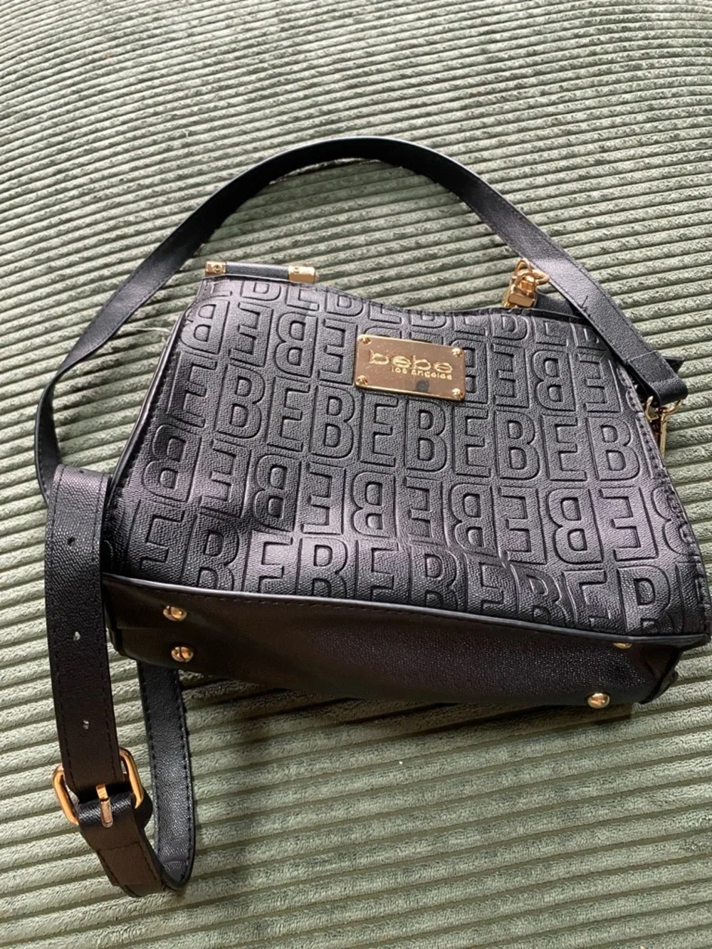 bebe Black Embossed Logo Satchel with Pom Charm